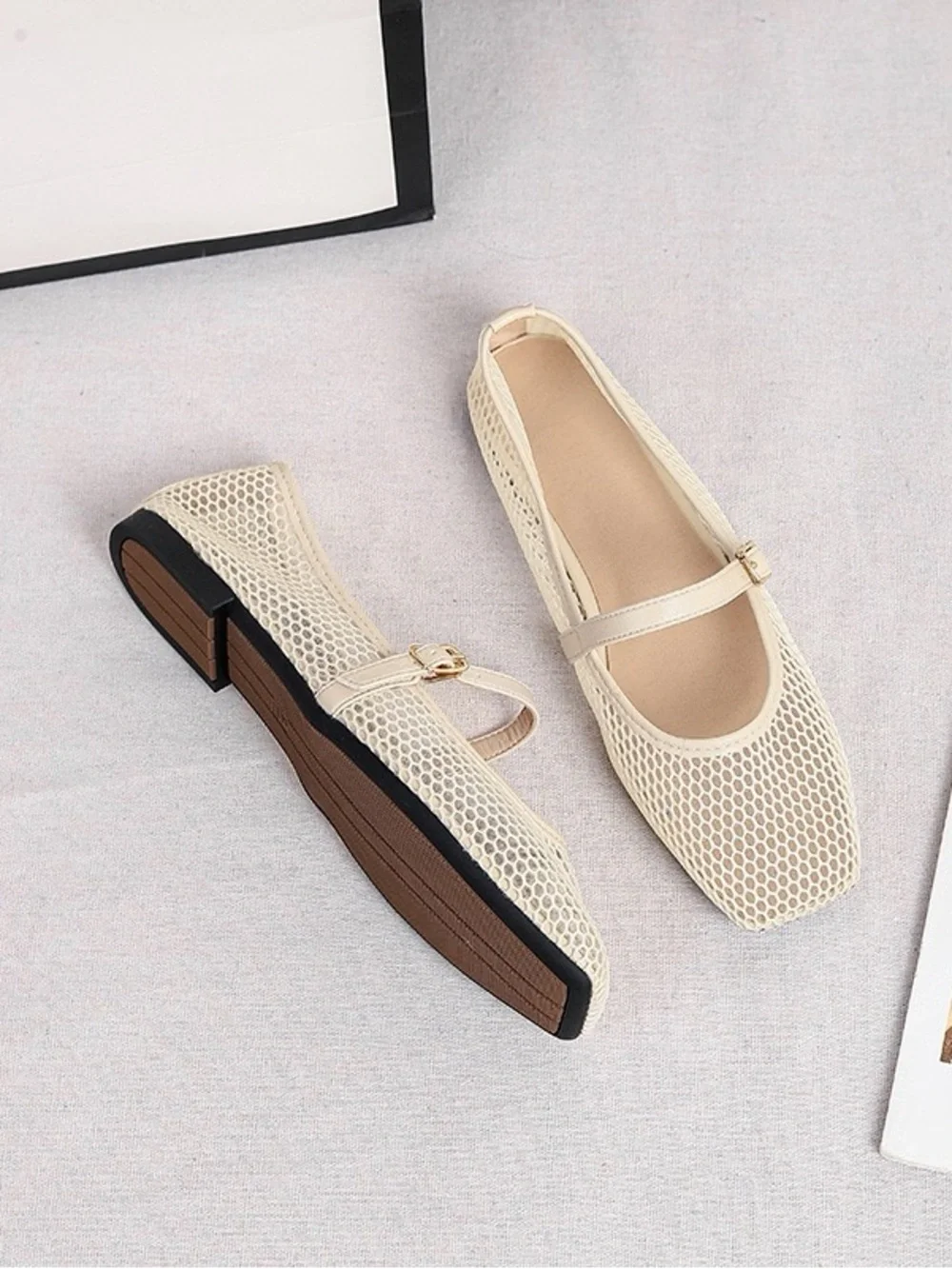 Neutral Beige Mary Jane Mesh Flats with Adjustable Strap